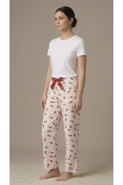 Women's Pink Red Heart Patterned Satin Ribbon Waist Detail Thick Interlock Fabric Pajama Bottoms
