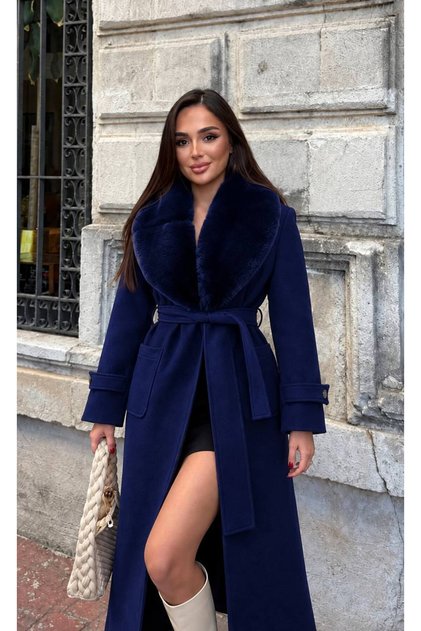 Women's Fur Collar Belted Long Checked Coat