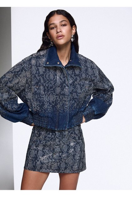 Taşlı kısa denim bomber ceket
