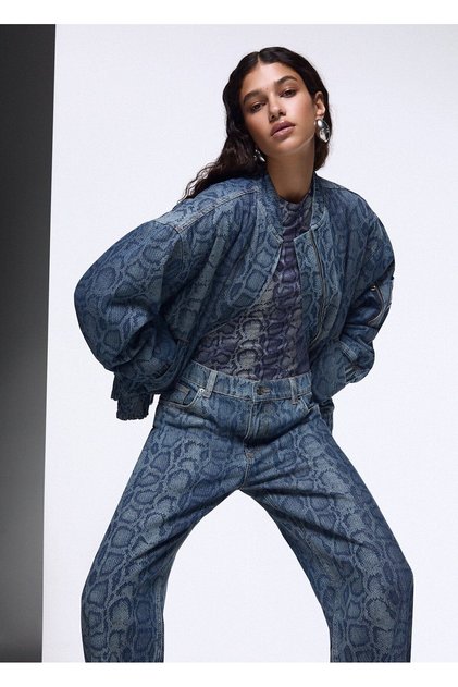 Hayvan Desenli Denim Bomber