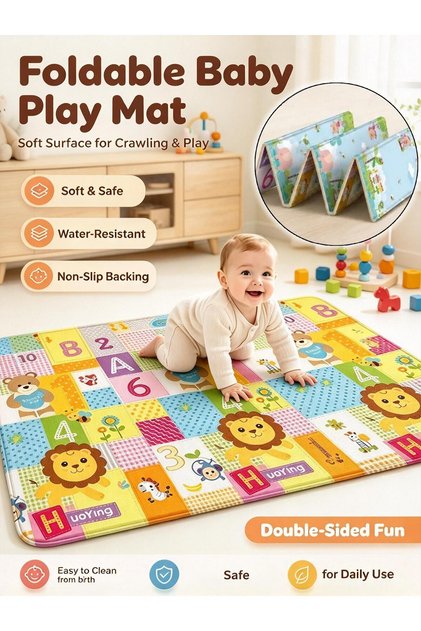180*200cm Foldable Baby Play Mat, Foam Floor Mat with Fabric Surface, Double-Sided Cute Print, Soft Non-Slip Tummy Time Mat for Babies, Ideal for Nursery, Playroom, Living Room