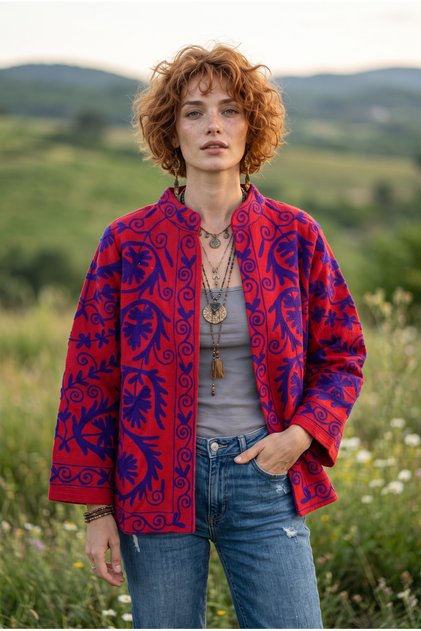 Women's Suzani Embroidered Linen Jacket – Eye Patterned Ethnic Bohemian Design