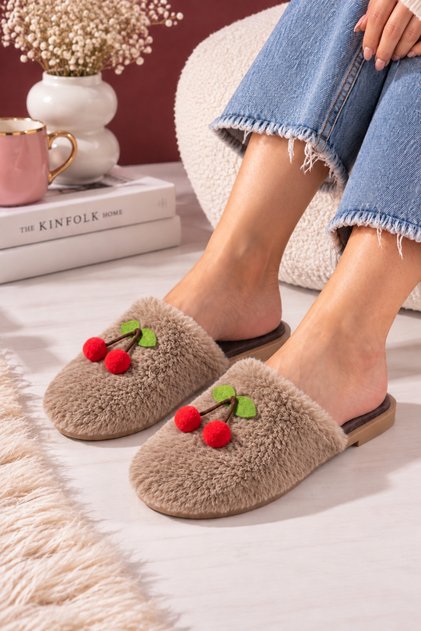 Cerise Cherry Detailed Closed Front Plush Women's House Slippers Soft Sole Gift Dowry House Slippers Stc1379