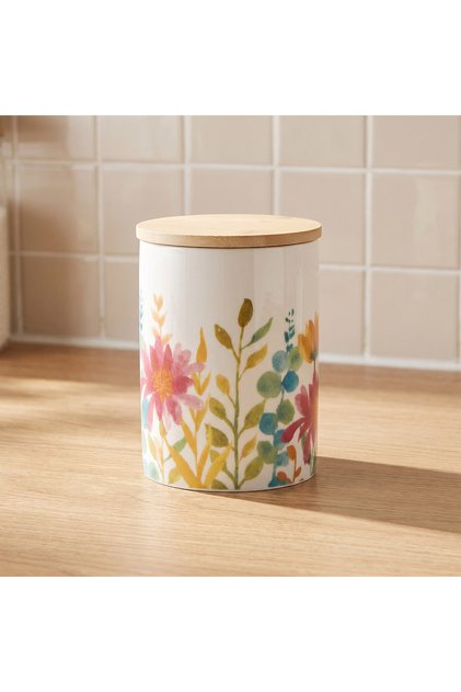 Floral Print New Bone China Jar with Bamboo Lid - 600 ml