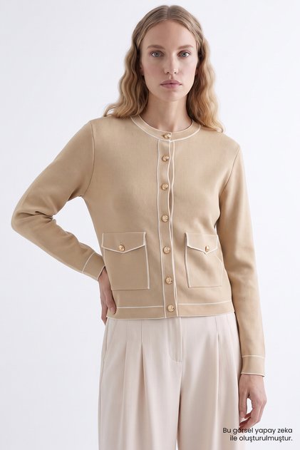 Crew Neck Regular Knitwear Cardigan with Pockets
