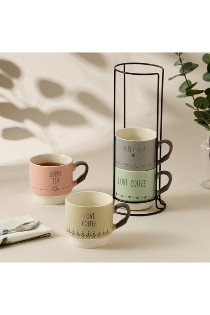 Textured 5-Piece Ceramic Cup and Stand Set