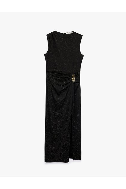 Sleeveless Crew Neck Long Draped Dress with Metallic Accessories