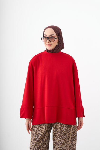 Women's Crew Neck Sweatshirt with Grass Detail Red