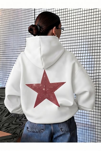 Unisex Men'S/Women's Shiny Star Back Printed Premium Hooded 2-Thread Oversize Sweatshirt Hoodie