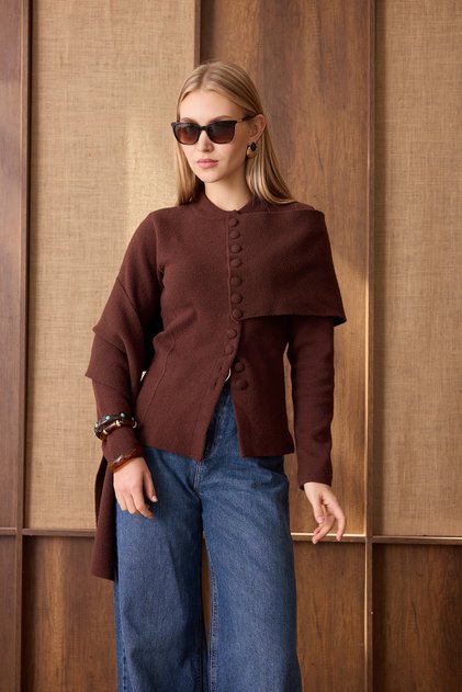 44370 - Stylish Comfortable Shawl Detailed Felt Women's Knitwear Short Cardigan