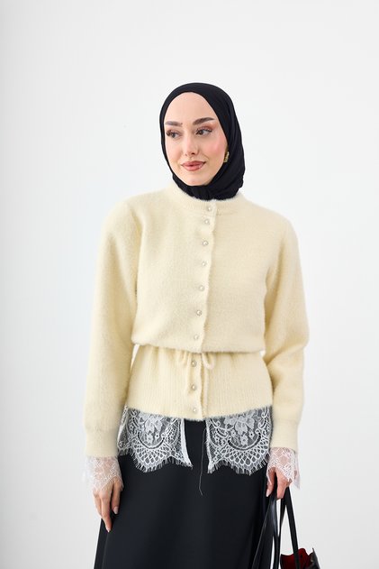 Women's Lace Detailed Beaded Button Detail Knitwear Cardigan Cream