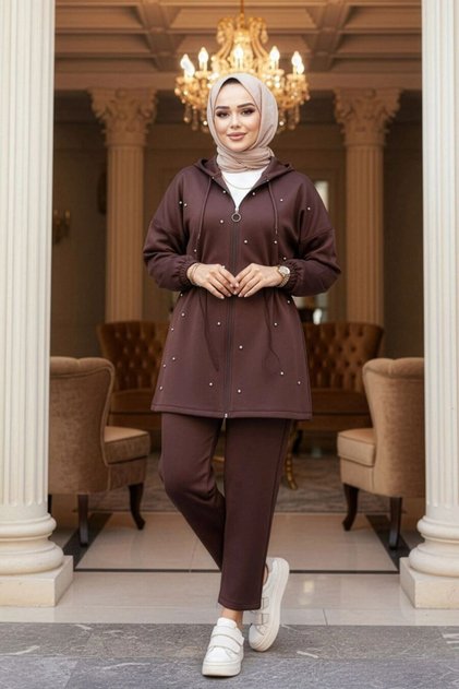 Hooded Dark Brown Hijab Two-Piece Set 12271Kkh