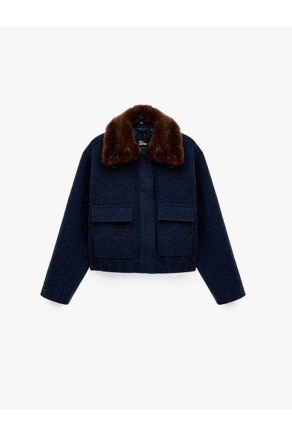 Detachable Faux Fur Collar, Zippered Pocket, Long Sleeve Cashmere Coat