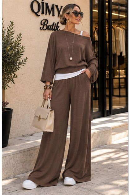 Buketli̇ Women's 3-Piece Set: T-Shirt with Inner Strap, One-Shoulder Blouse, and Elastic Waist Loose Pants.
