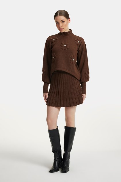 Women's Brown Stand Collar Handcrafted Floral Embroidered Knitwear Skirt Suit