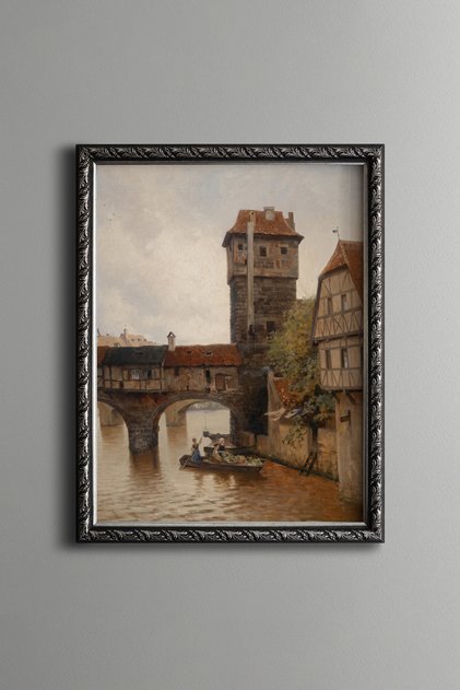Bridge and Historical Tower over the Canal - Vintage Patterned Painting - Fine Model