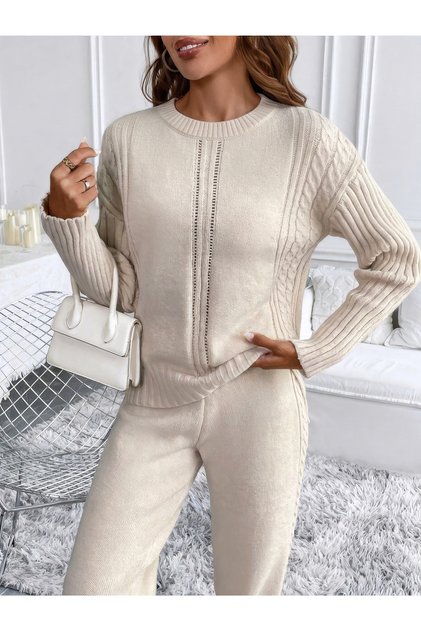 Trendy Crew Neck Slit Detailed Knitwear Sweater-Pants Set