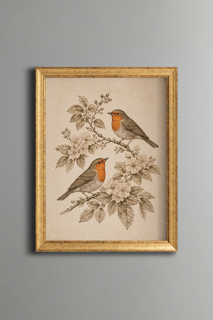 Two Magpies on Flowering Branches - Vintage Patterned Painting - Fine Model