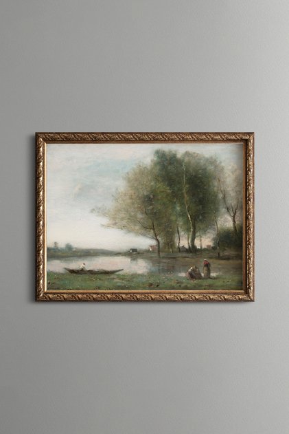 Willows and Villagers by the River - Vintage Patterned Painting - Fine Model