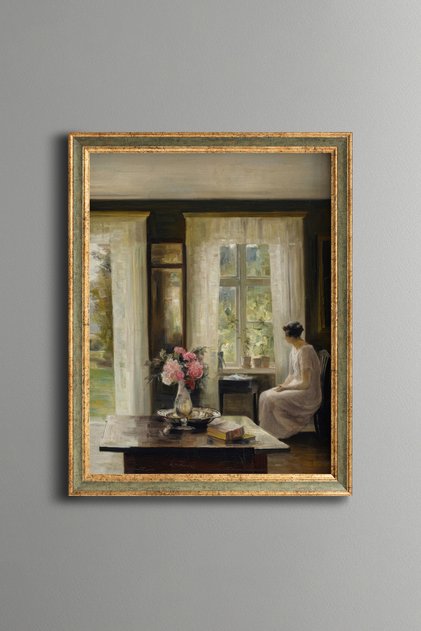 Flowers and Sitting Woman in Front of the Window - Vintage Patterned Painting - Fine Model