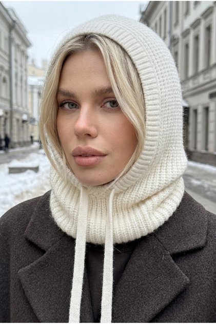 Women's Ecru Knitted Balaclava Snow Mask Lace-Up Thick Ribbed Knitwear Hooded Beanie Neck Collar