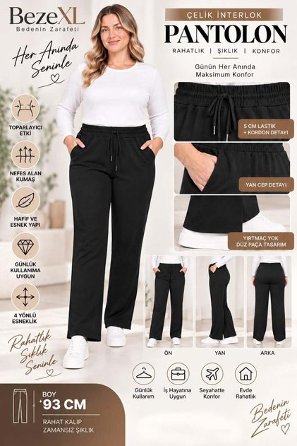 Plus Size Front-Cut Short Steel Interlock Women's Trousers Black