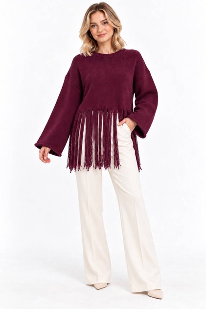 Women's Soft Textured Crew Neck Long Sleeve Tasseled Oversize Knitwear Sweater