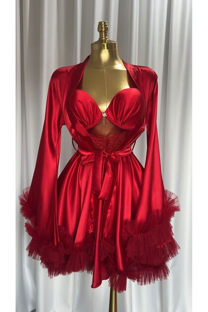 Boxed Red Magnolia Satin Sleeve Detail Nightgown Dressing Gown