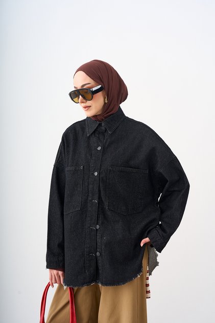 Women's Double Pocket Detail Tasseled Denim Jacket Black