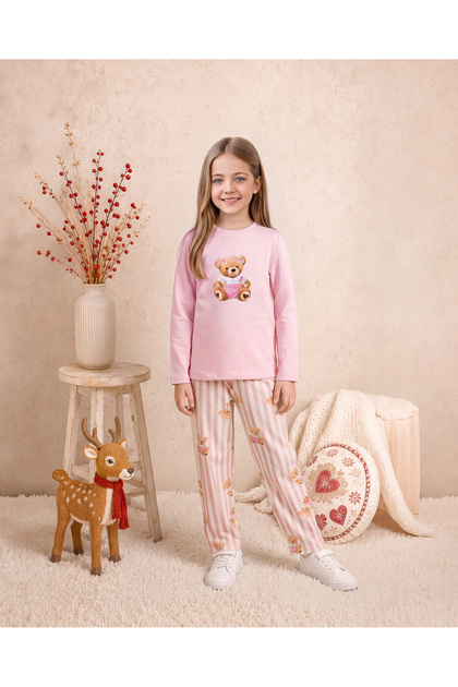 Girls & Baby Cotton Single Jersey Teddy Bear Printed Striped Straight Leg Long Sleeve Pajama Set Pink