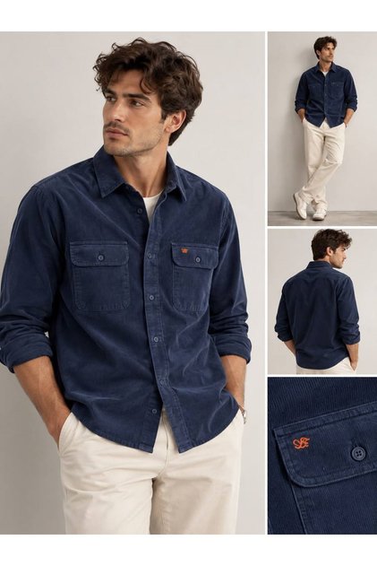 Men's Navy Blue Soft Textured Velvet Shirt with Double Pocket Detail