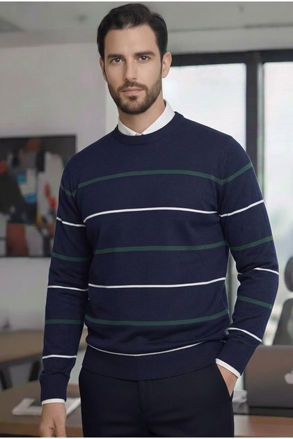 Men's Stripe Detailed Navy Blue Green White Crew Neck Standard Regular Cut Regular Fit Blended T-Shirt