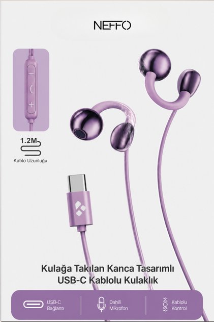 USB-C Kablolu Kulaklık Kulak Kancalı Dahili Mikrofonlu Telefon Kulaklığı 1,2 Metre Kablo