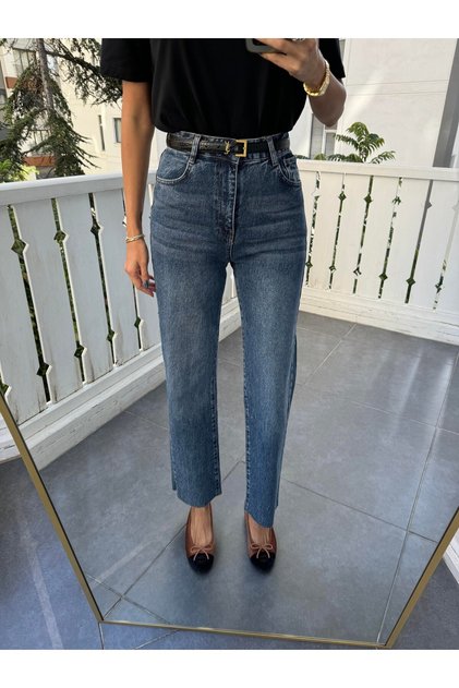 Koyu Mavi Çizgi Ütü Straight Jean Pantolon