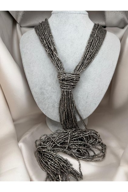 Antique Color Multi-Row Bead Embroidered Knot Detailed Long Tassel Stylish Women's Necklace