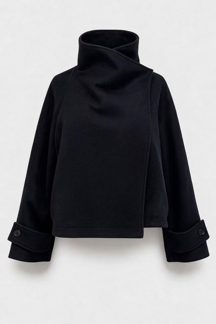 Black Oversize Standing Collar Short Checked Coat Per9866