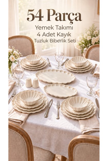 Liva 54 Parça 12 Kişilik Dalgalı Kenarlı Porselen Yemek Takımı Krem
