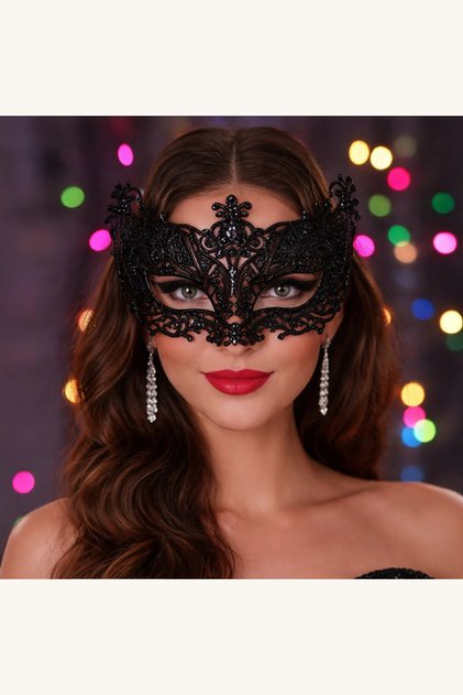 Mască neagră de deghizare pentru femei, cu model dantelă și glitter negru