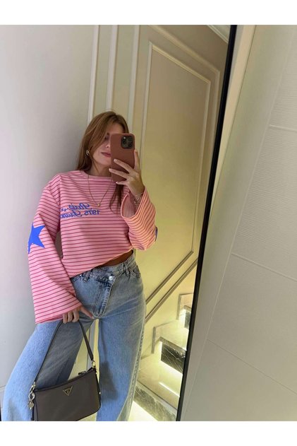 Kadın Paris 1975 Çizgili Sweatshirt - Pembe