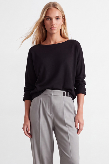 Women's Black Boat Neck Long Sleeve Knitwear Sweater Alc-X15929