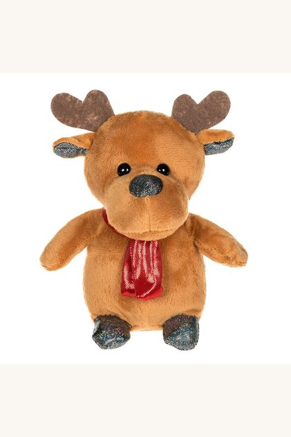 Figurină ren din pluș cu fular roșu strălucitor, decor de Crăciun pentru brad sau raft, 18 cm