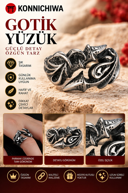 Gothic Patterned Silver Color Unisex Ring 🖤 Gothic Ring – Strong Detail, Original Style!