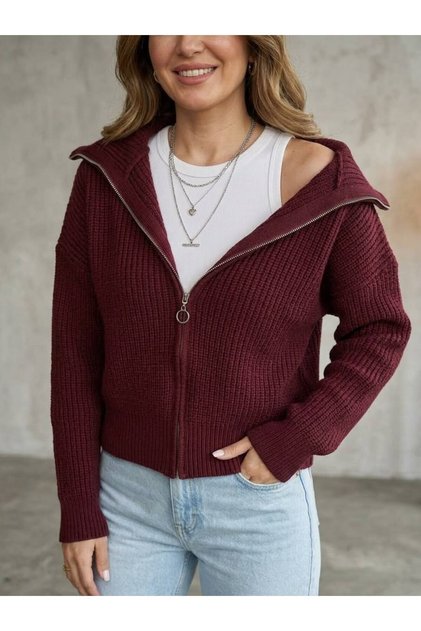 Women's Burgundy Zippered Turn-Down Collar Thessaloniki Knitwear Cardigan