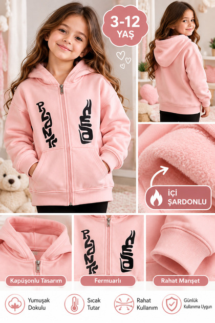 Kız Çocuk İçi Şardonlu Fermuarlı Kapüşonlu Sweatshirt Ceket Pembe 3-12 Yaş