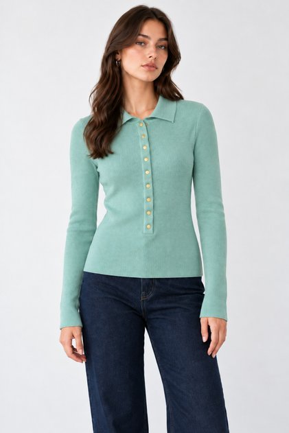 Women's Snap Fastener Polo Collar Long Sleeve Knit Sweater