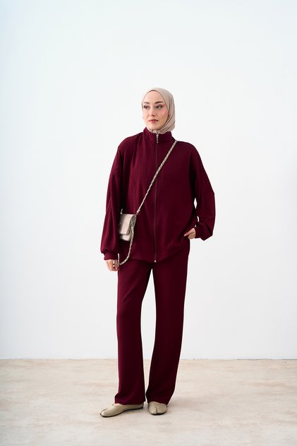 Women's Jacket and Pants Set with Sewing Details, Burgundy