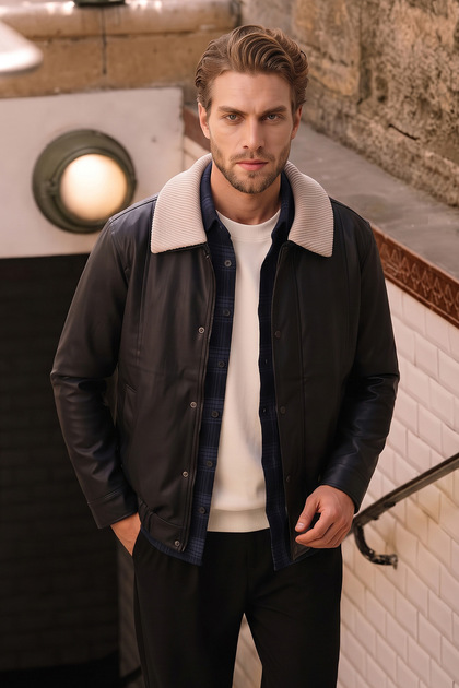Detachable Knitwear Collar Detailed Faux Leather Jacket