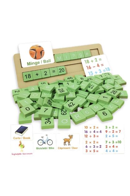 Joc educativ Montessori alfanumeric din lemn, cu litere, cifre, operatii matematice si carduri ilustrate in limba romana, 3 ani+
