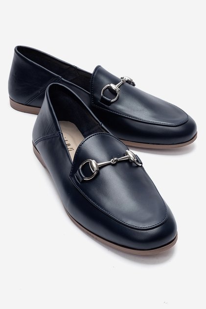 F03 Dark Navy Blue Genuine Leather Women's Loafer Shoes