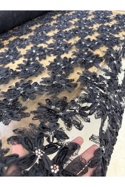 Black Floral Appliqué Sequin Embroidered Tulle Fabric | Evening Dress Luxury Fabric